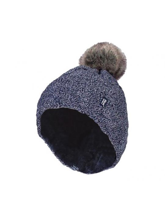 Ladies turnover cable hat with pom pom navy