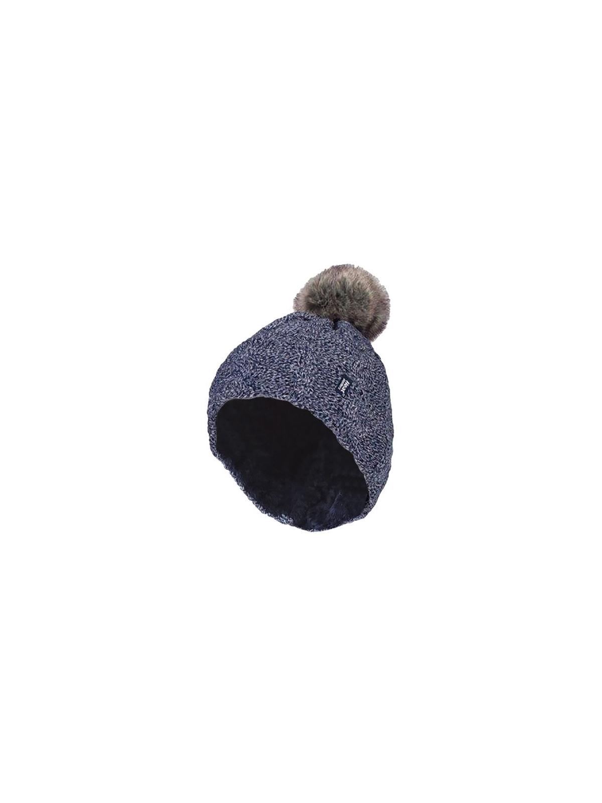 Ladies turnover cable hat with pom pom navy
